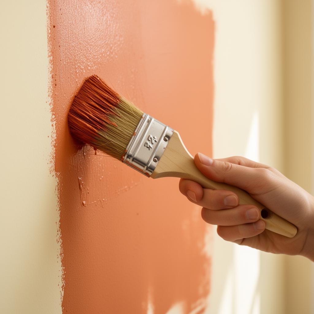 Female painter and decorator hand-painting a wall in a warm orange tone