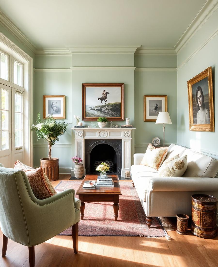 Sage green living room hand-painted in Norwich