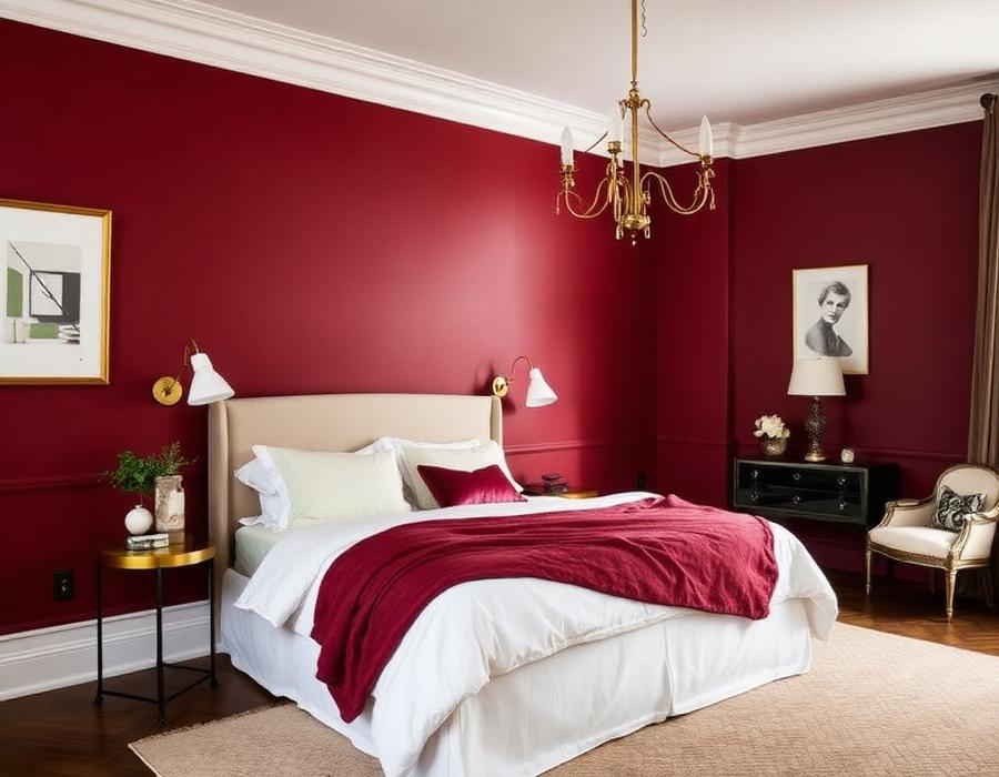Burgundy painted bedroom feature wall
