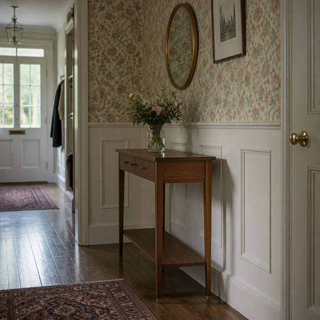 Floral wallpaper hung in a Norwich hallway with crisp pattern matching