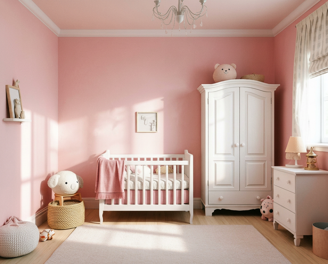 Soft pink nursery painted in pastel tones