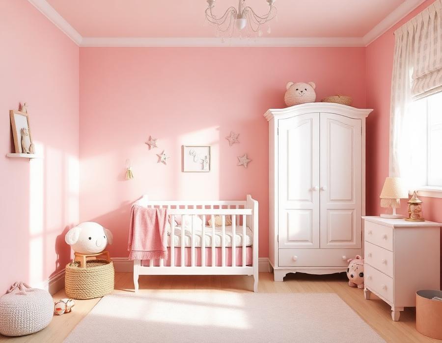 Soft pink nursery painted in pastel tones
