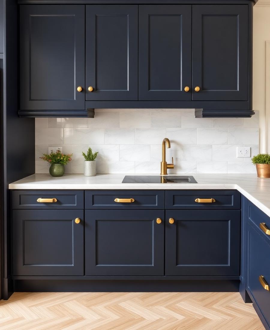 Navy hand-painted kitchen cabinets with brass handles
