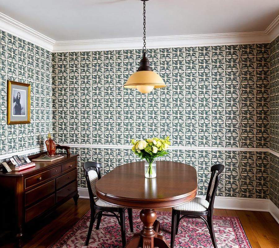 Geometric wallpaper expertly matched in dining room
