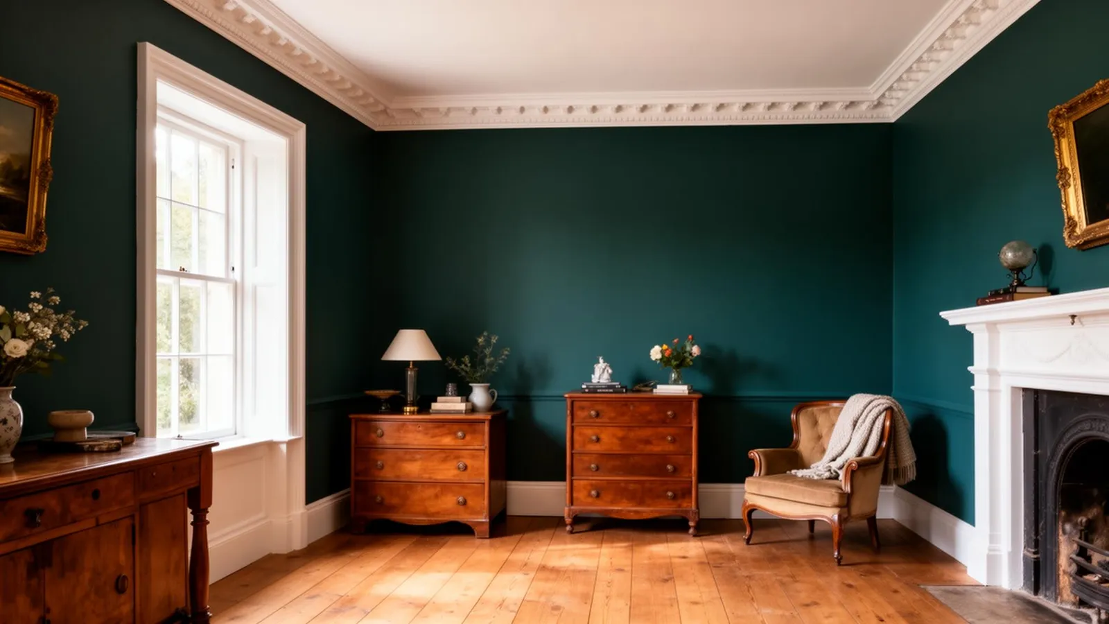 Period Norwich home interior with deep teal walls hand-painted by Kreative Decorating