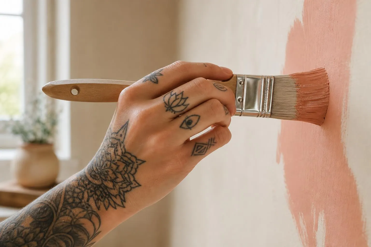 A beautifully painted warm coral wall showing professional interior decoration